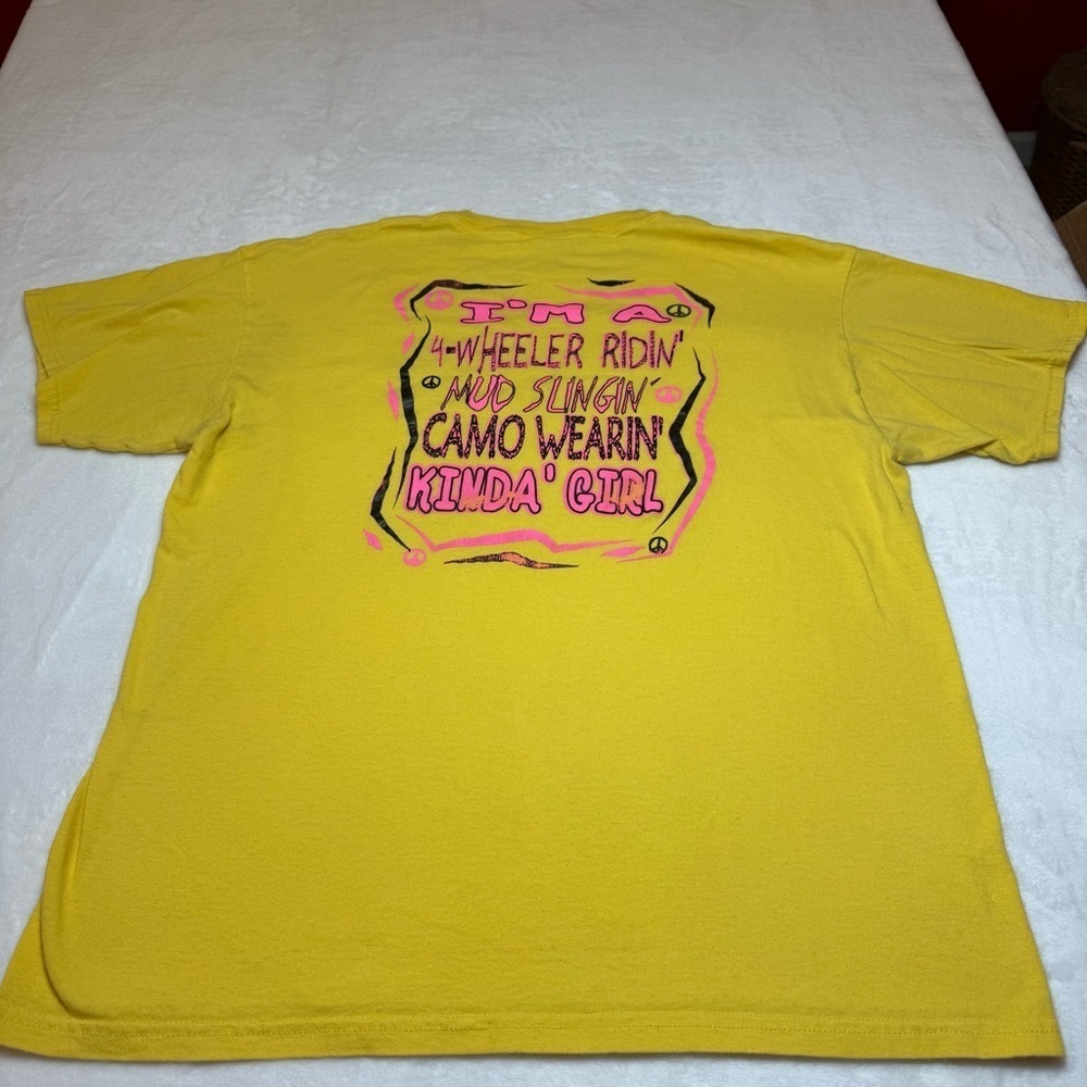 Gildan Heavy Cotton Yellow Tee with Hot Pink Lettering Mud Riding - Picture 2 of 8